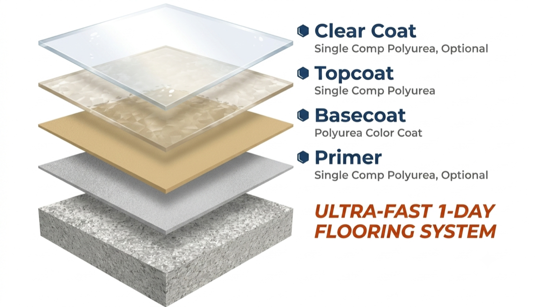 Diagram of the flake epoxy flooring system layers: primer, basecoat, topcoat, and clear coat